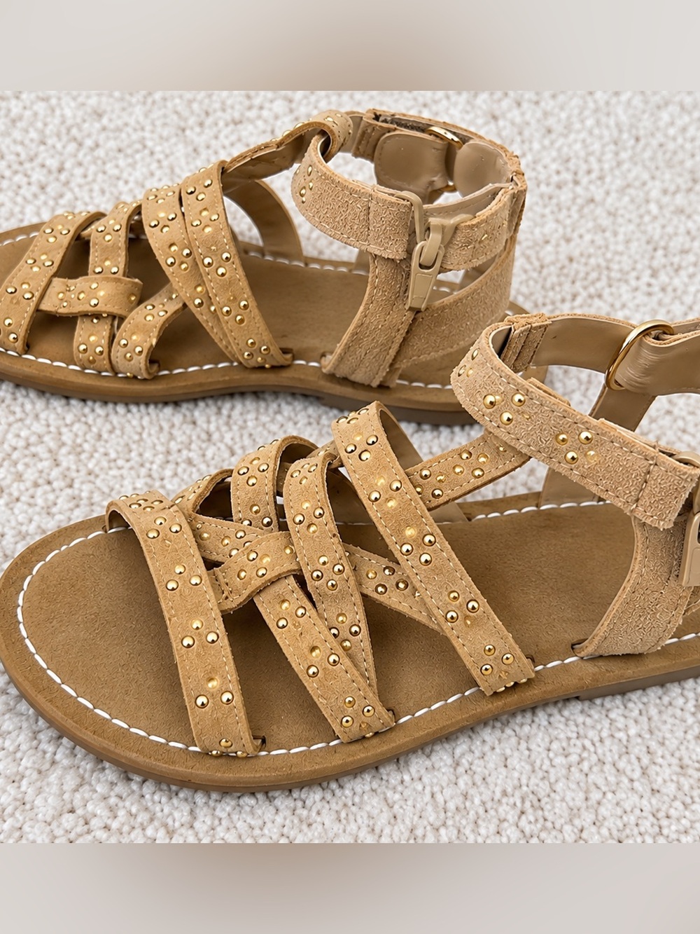 Zara Kids Tan Suede Gladiator Sandals with Gold Studs